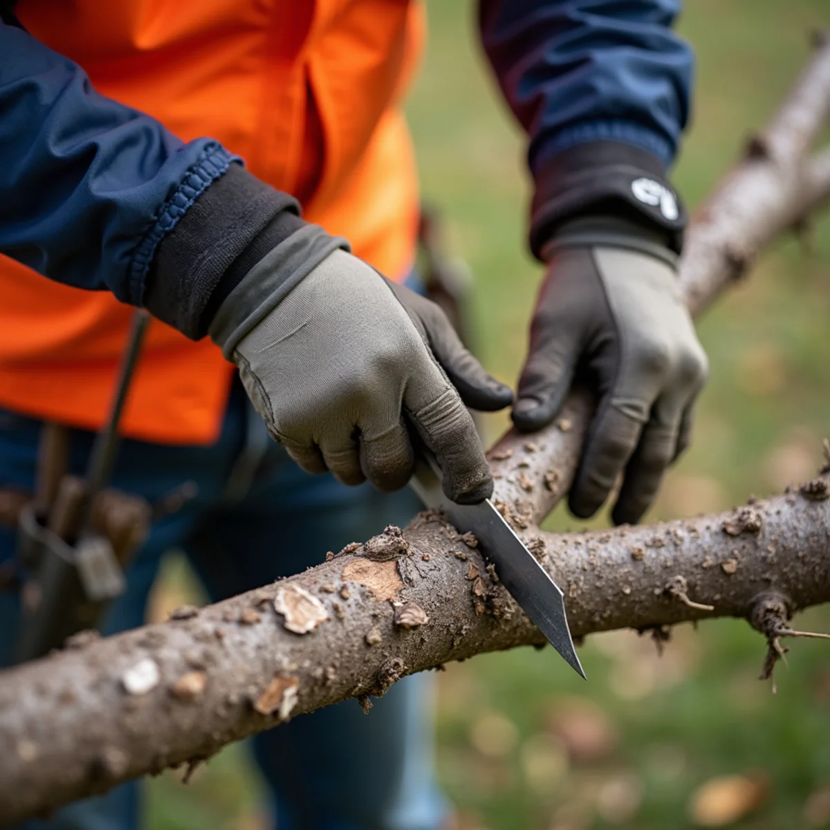Clean pruning cut made outside the branch collar on dormant winter oak limb in Cabarrus County