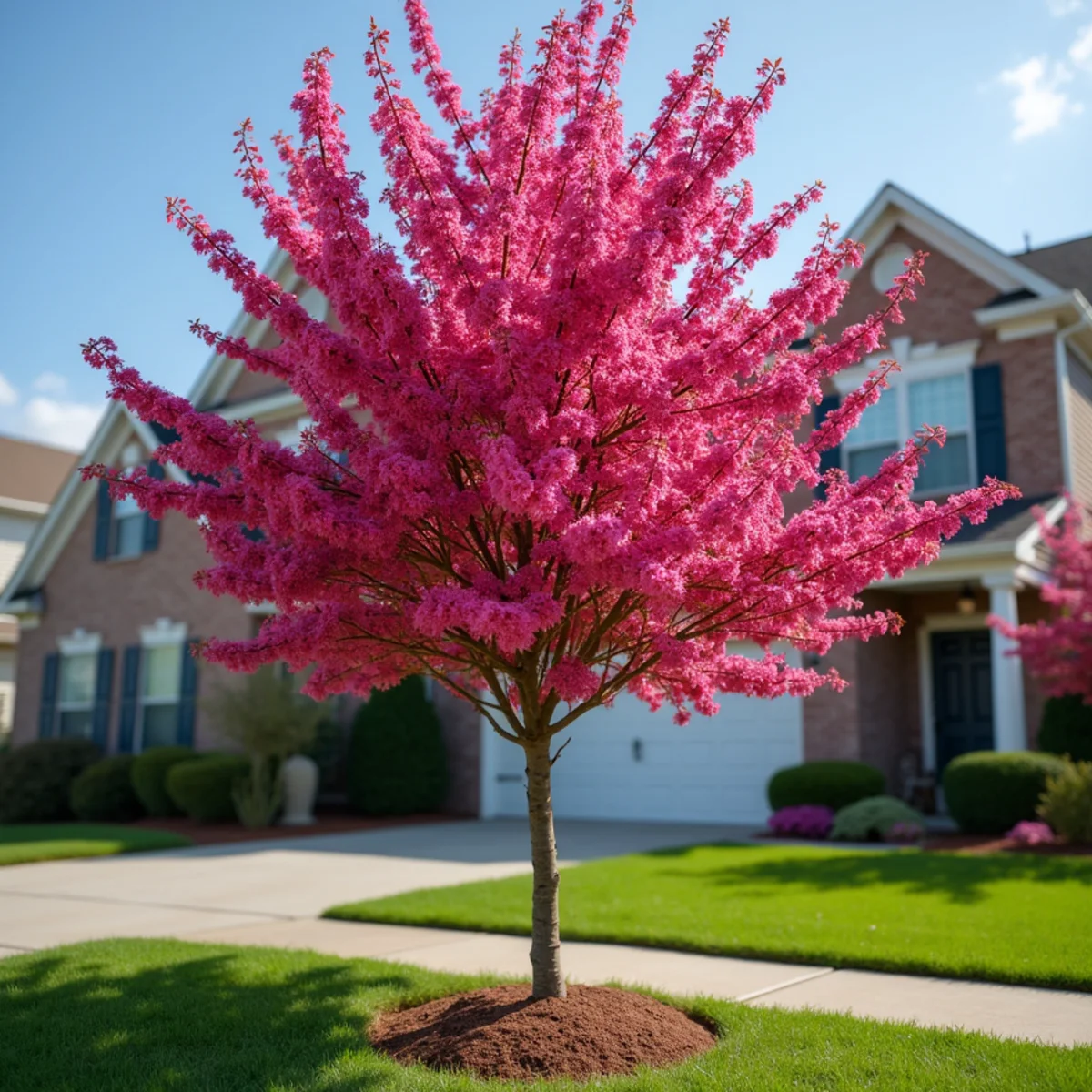 Healthy Eastern redbud tree blooming with magenta blossoms in Concord front yard