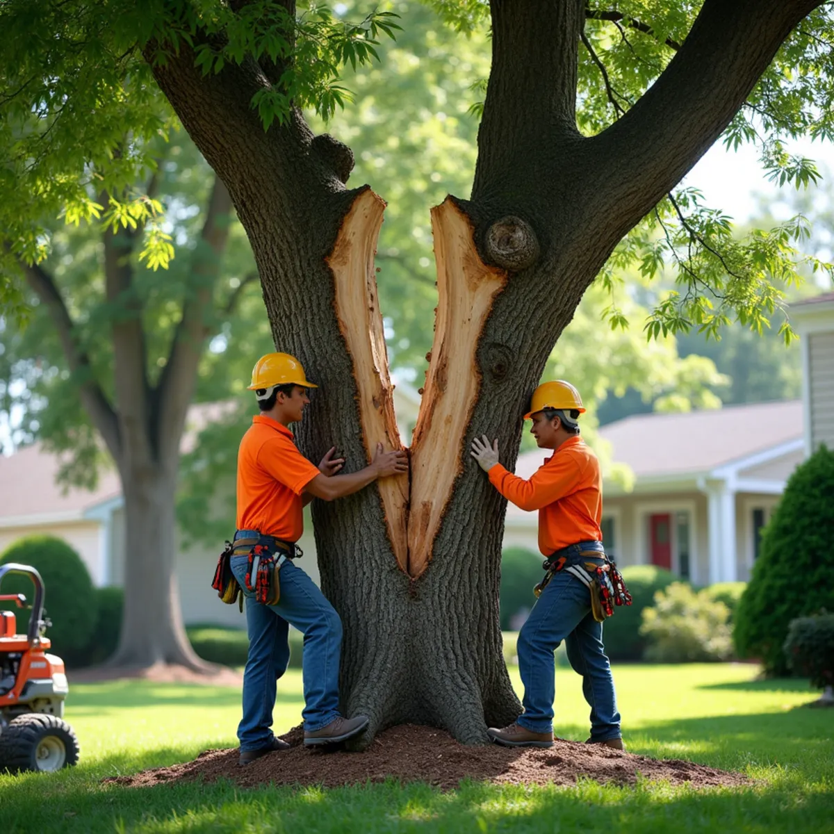 Mature Bradford pear tree split directly down the center of its trunk across a front yard in Concord NC