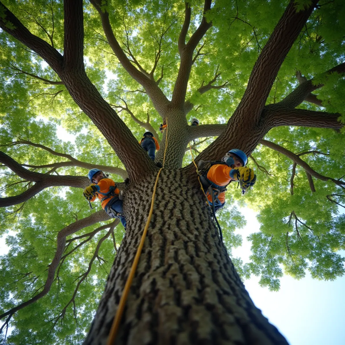 High-strength steel arborist cable installed between co-dominant stems of a majestic yard oak in Concord