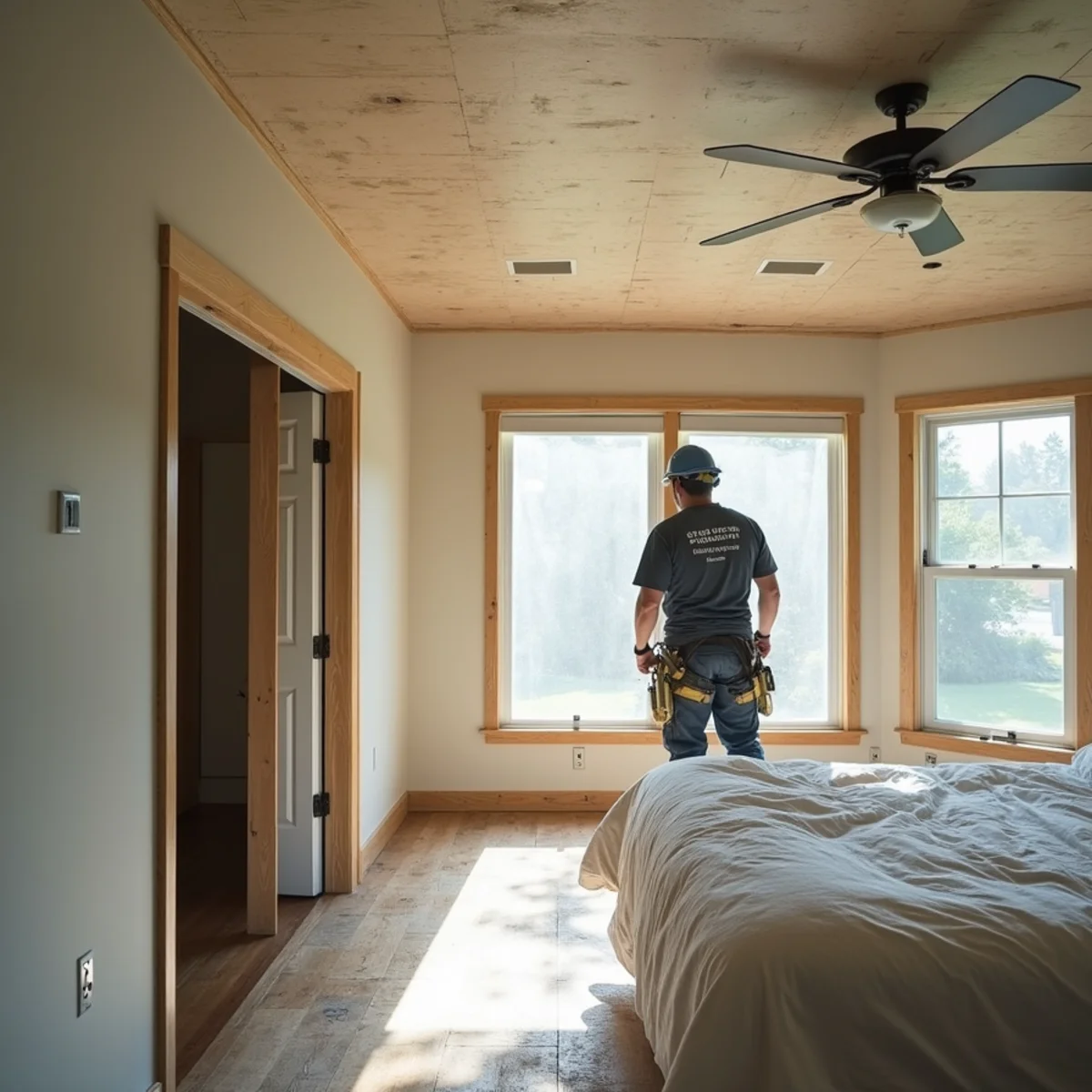 Clean dry interior ceiling protected from water intrusion by prompt exterior roof tarping