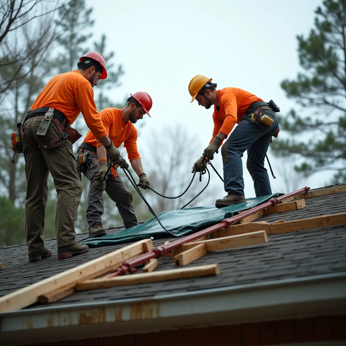Emergency crew fastening durable weather-tight blue tarp with wood battens over tree roof damage in Concord