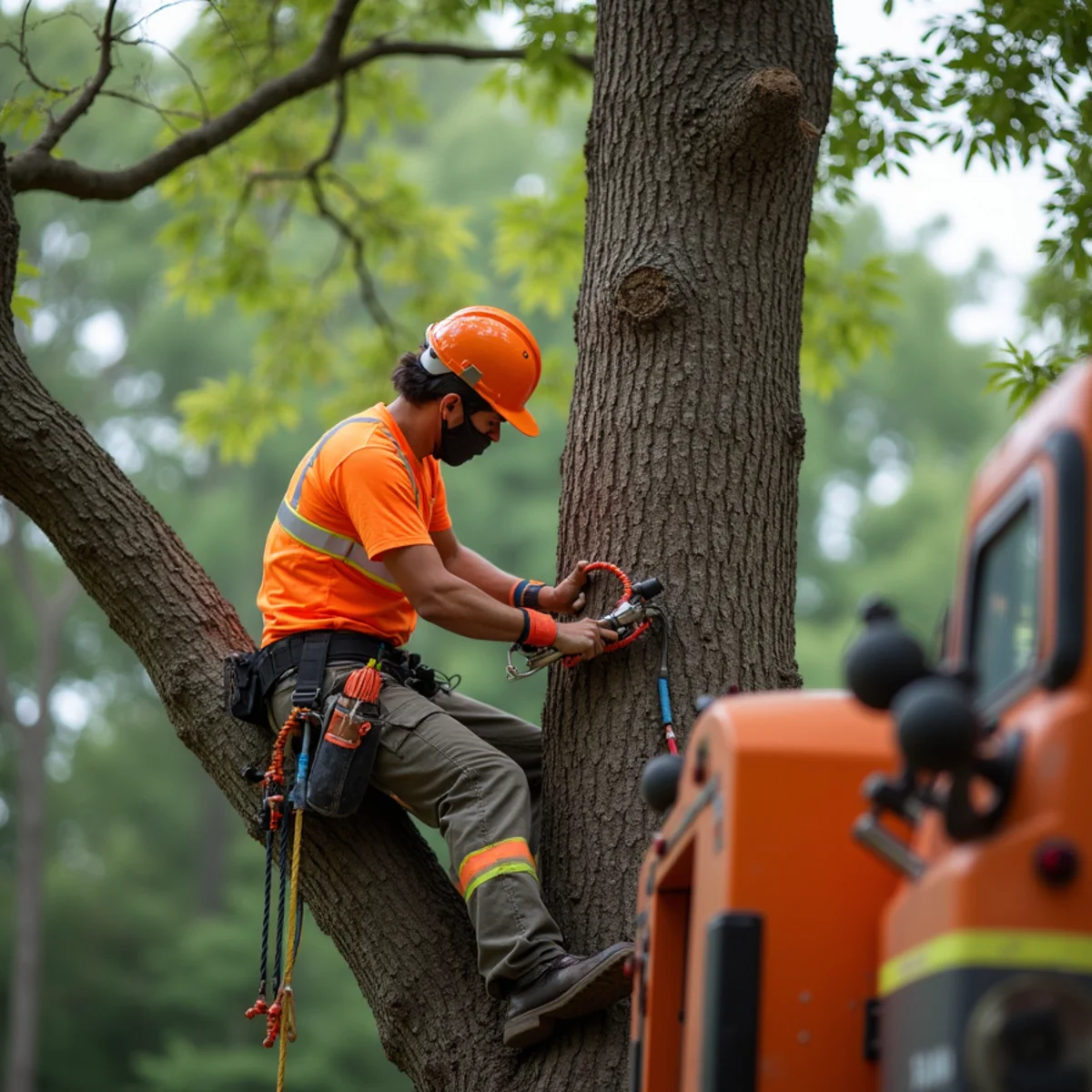 Tree crew operating heavy chipper and bucket truck with active commercial workers compensation