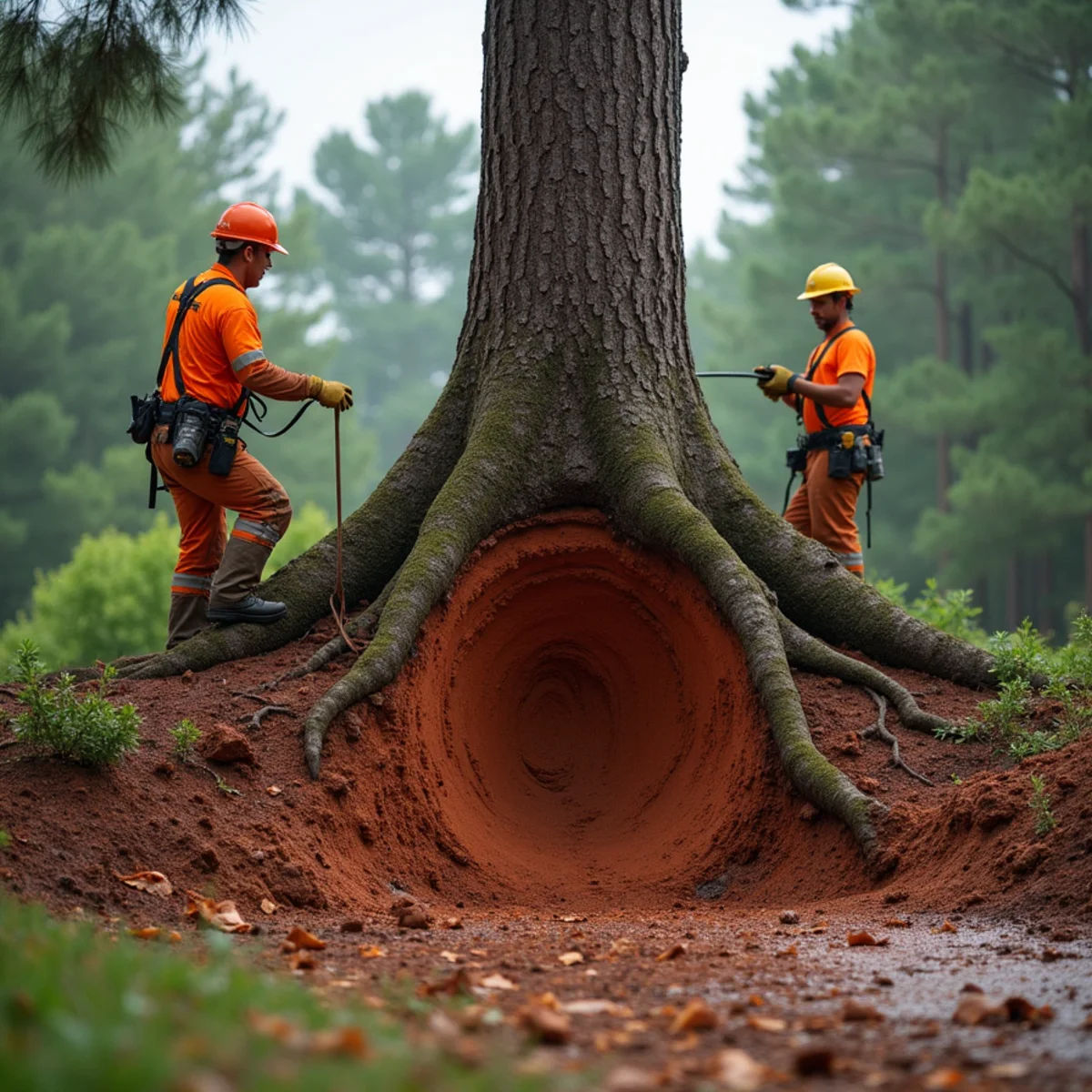 Shallow root plate of tall loblolly pine torn from saturated Piedmont red clay soil after Concord storm