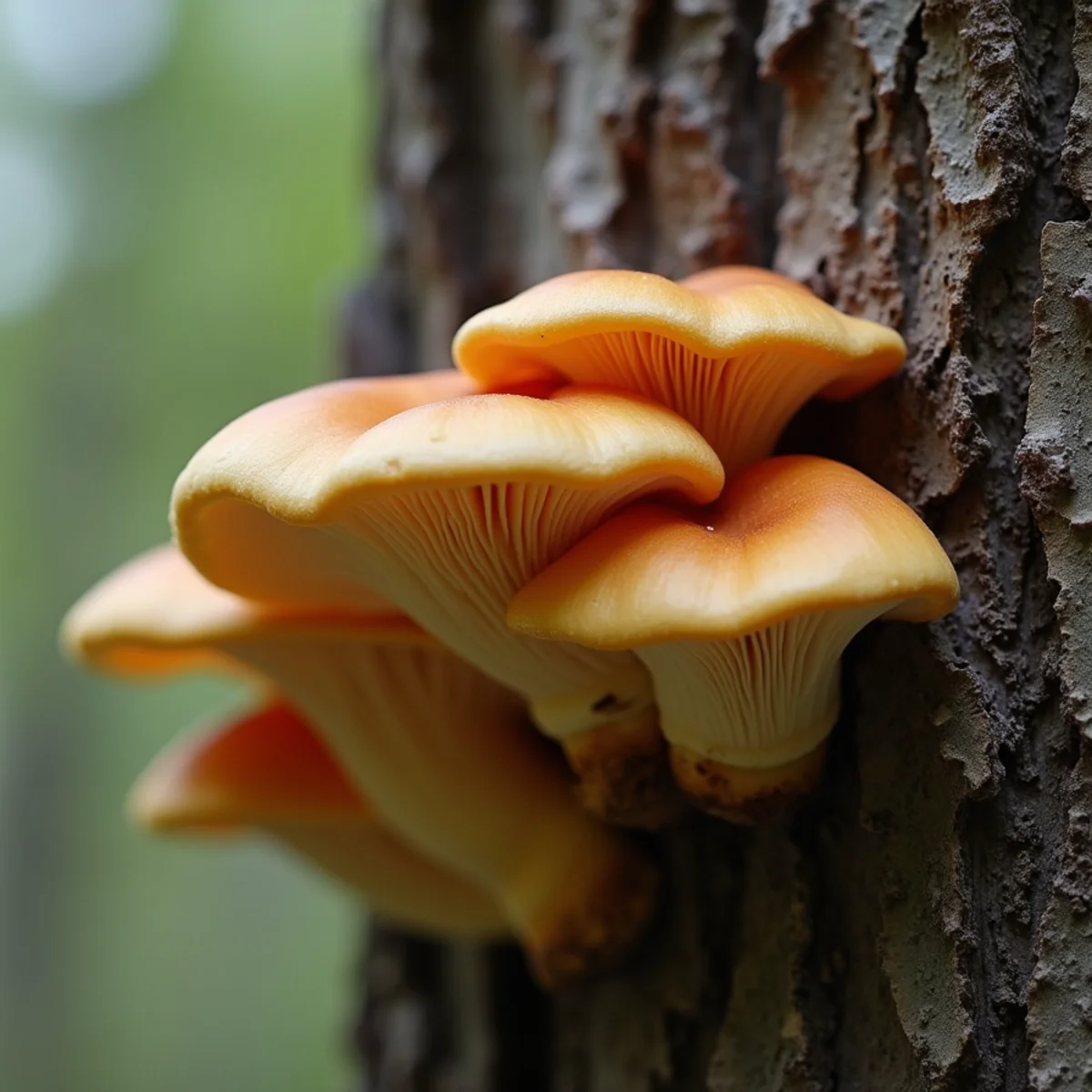 Shelf-like fungal bracket mushrooms growing in clusters around tree root flare indicating heartwood rot
