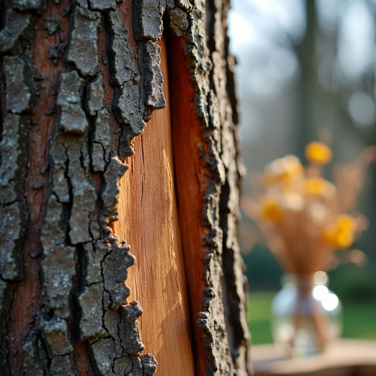 Deep structural vertical seam and frost crack splitting main trunk of mature hardwood