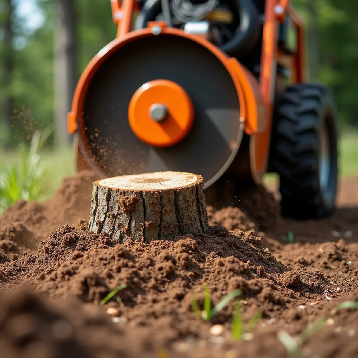 High-speed stump grinder pulverizing tree stump below grade leaving clean mulch pile
