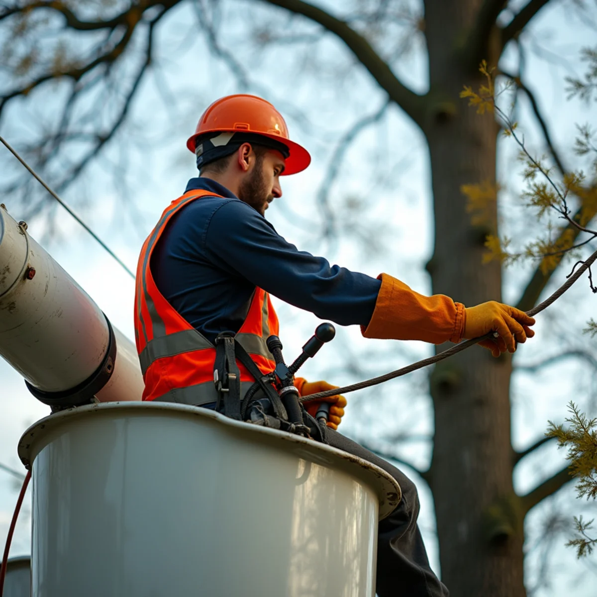 Electric utility lineman in insulated bucket truck de-energizing lines before tree removal