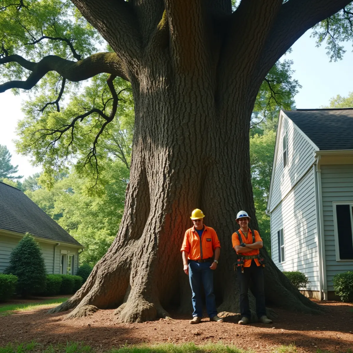 Large 75-foot willow oak showing massive trunk diameter requiring heavy equipment