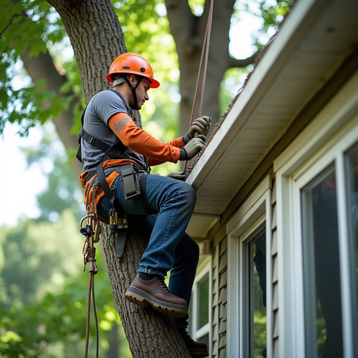 Arborist in climbing harness carefully rigging branches away from house gutter in Concord NC