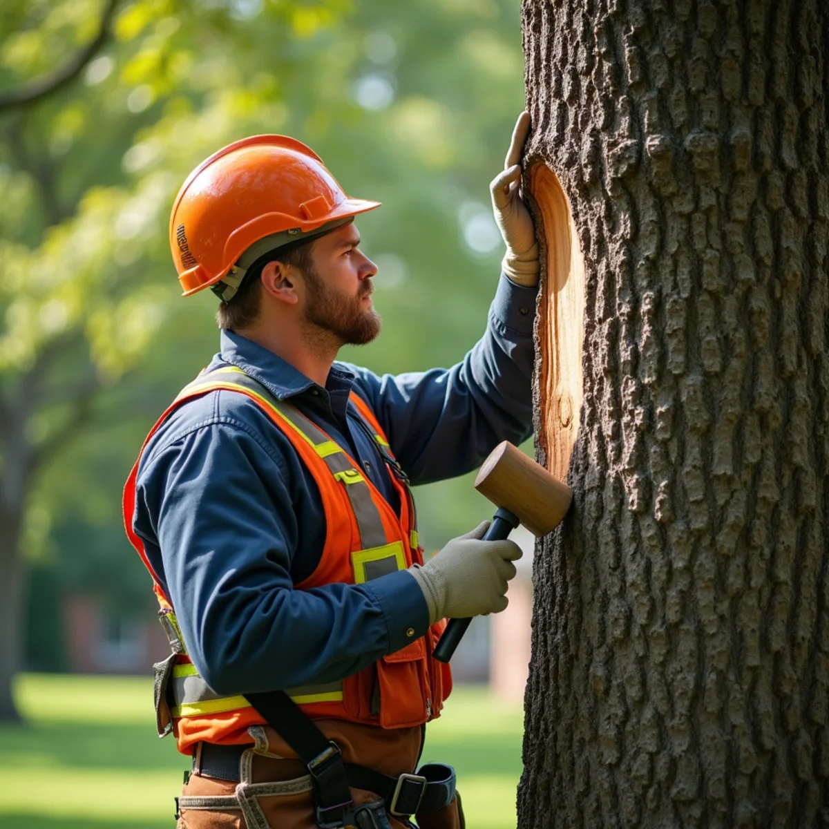 Arborist inspecting tree trunk bark and root flare with diagnostic tool in Cabarrus County