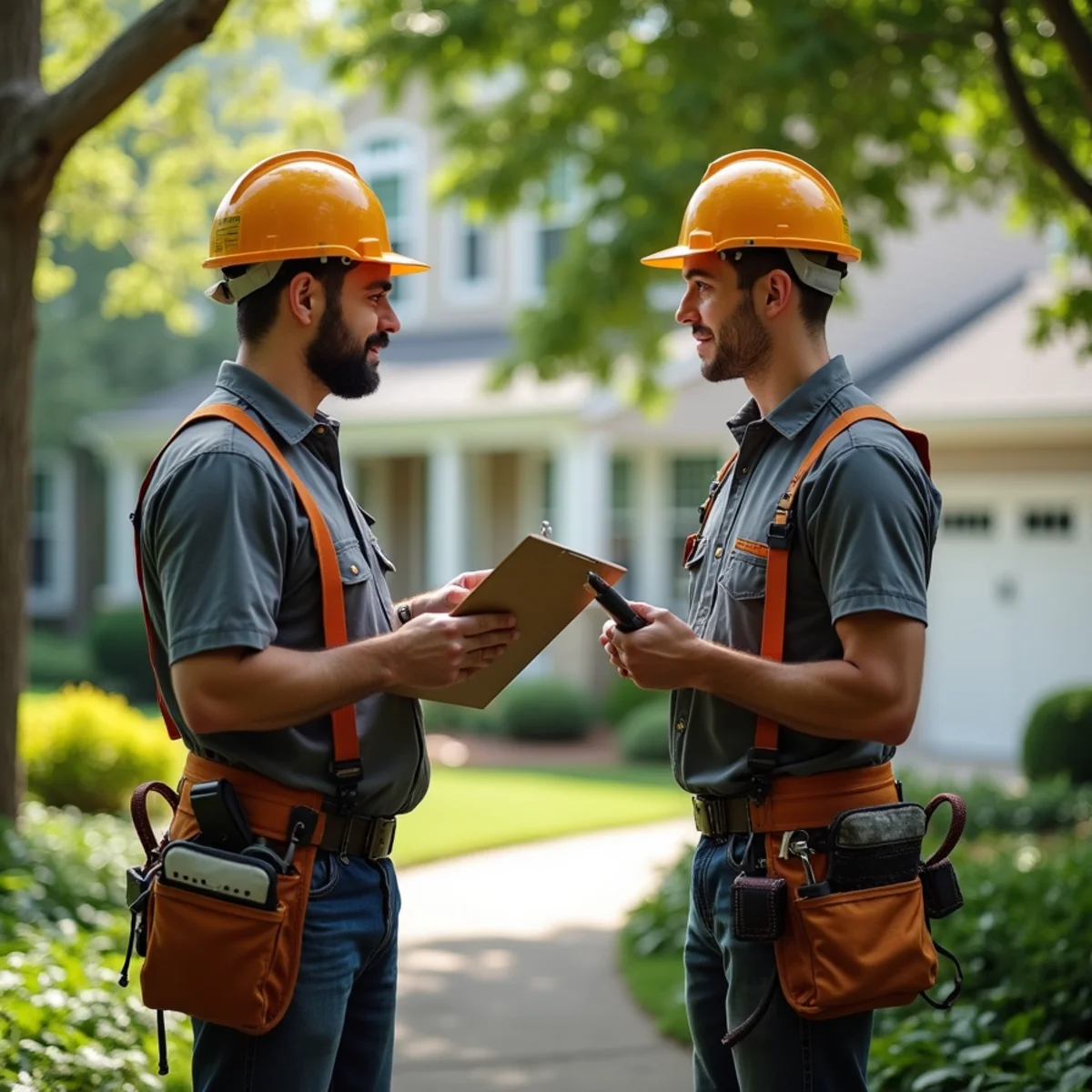 Arborist consulting with Concord NC homeowner in yard explaining tree removal scope