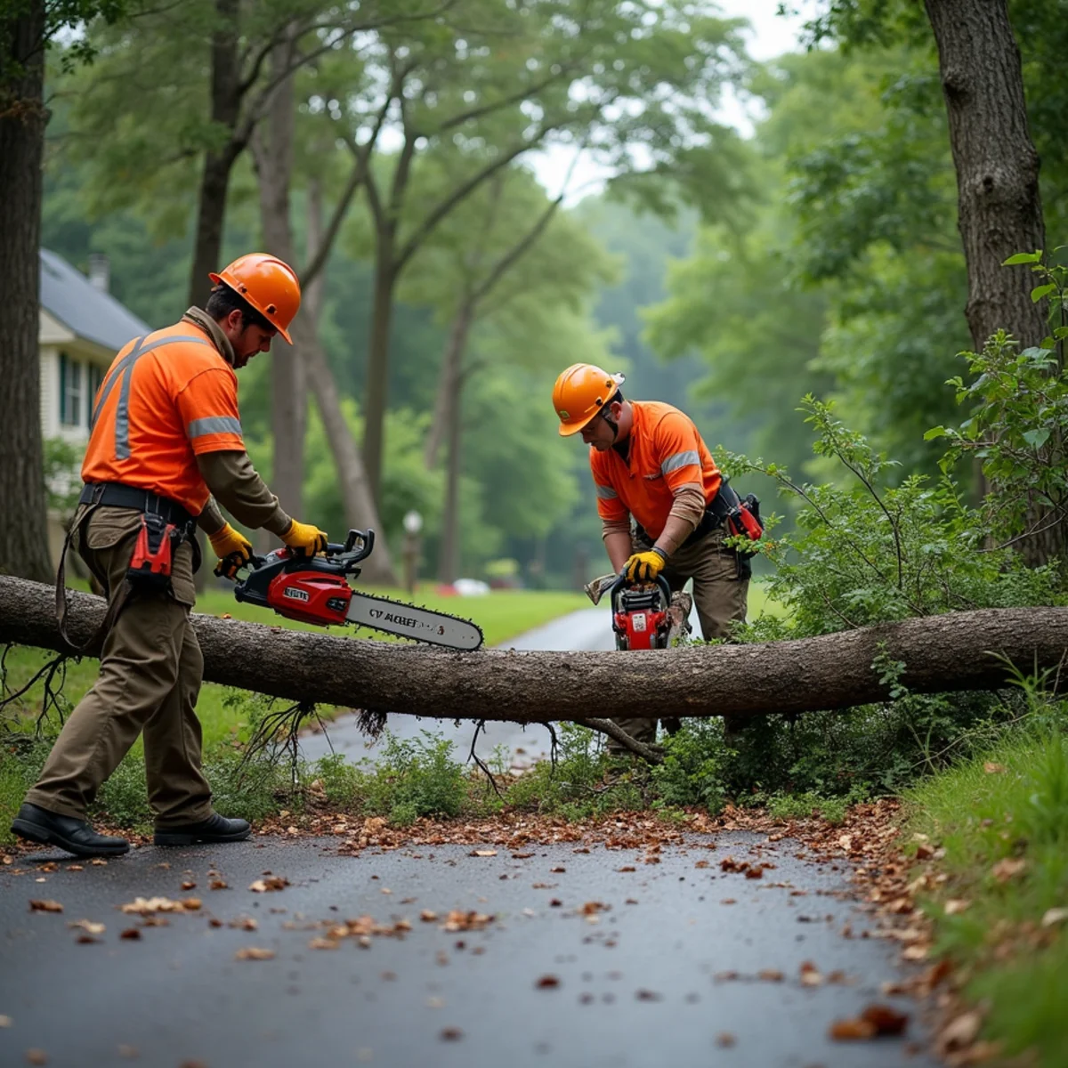 Emergency tree crew clearing storm-felled tree blocking residential driveway