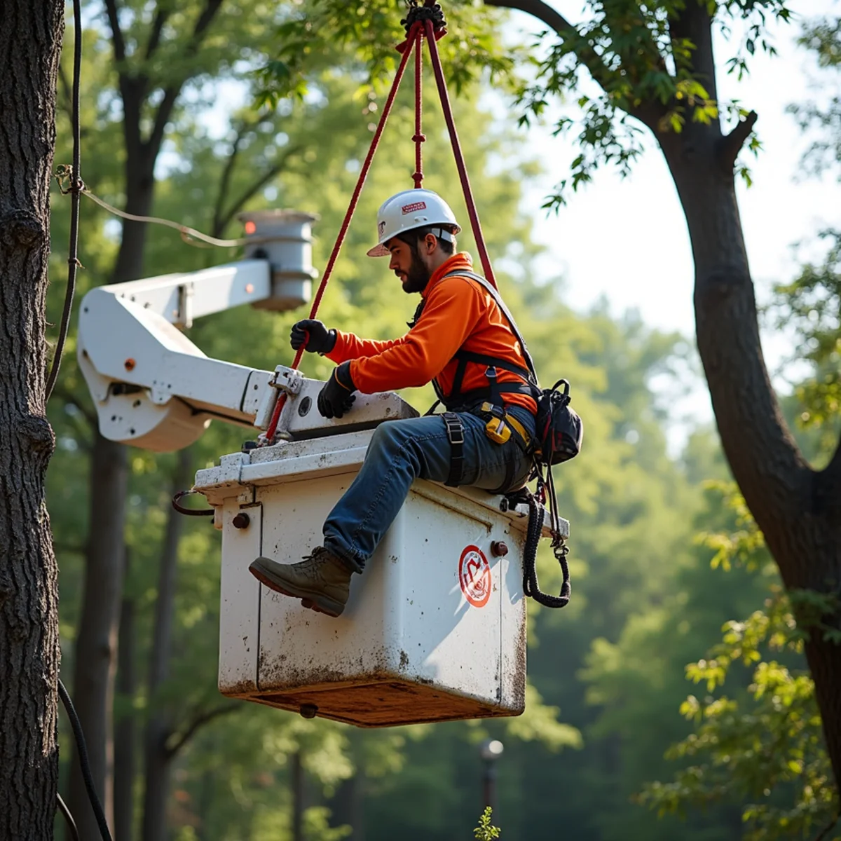 Bucket truck precision rigging for hazardous tree removal near house in Concord NC