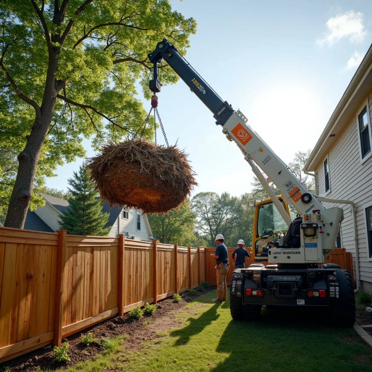 Crane-assisted tree removal lifting heavy timber safely over residential roofline