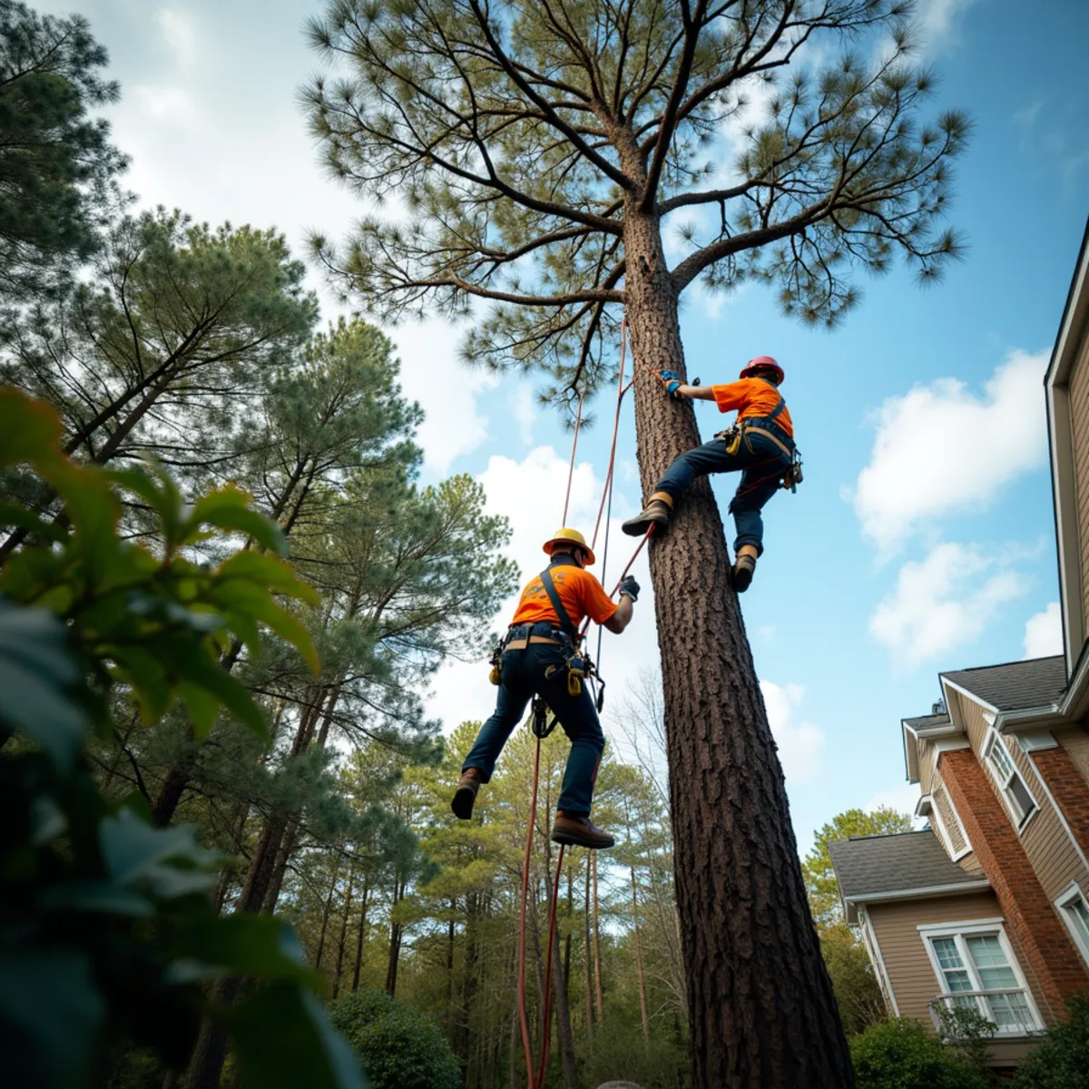Dead and leaning hazardous pine tree removal near house with crane rigging