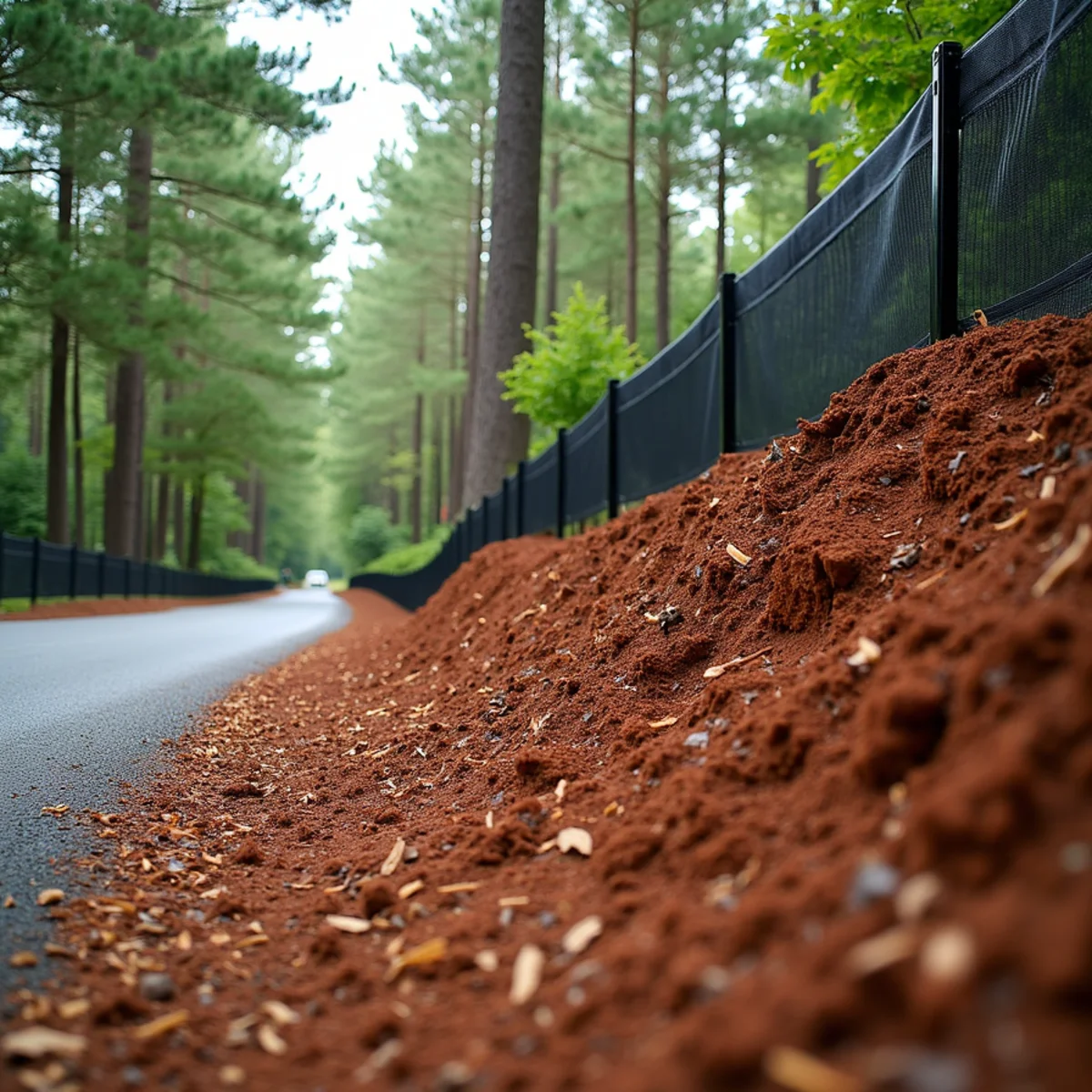 Erosion control silt fencing and ground mulch on cleared red clay slope in Concord NC