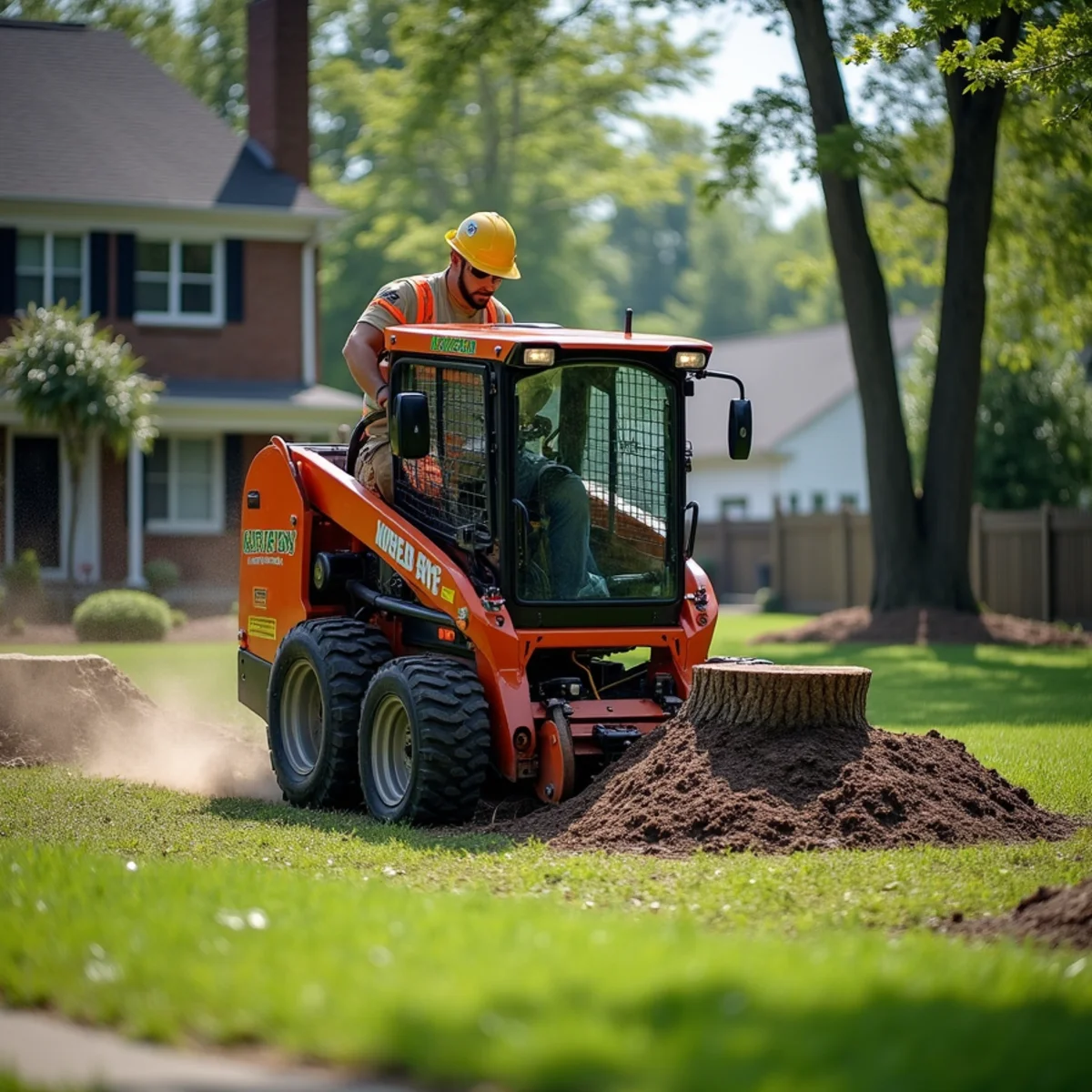Modern tree equipment serving residential property along Rocky River Road in Harrisburg
