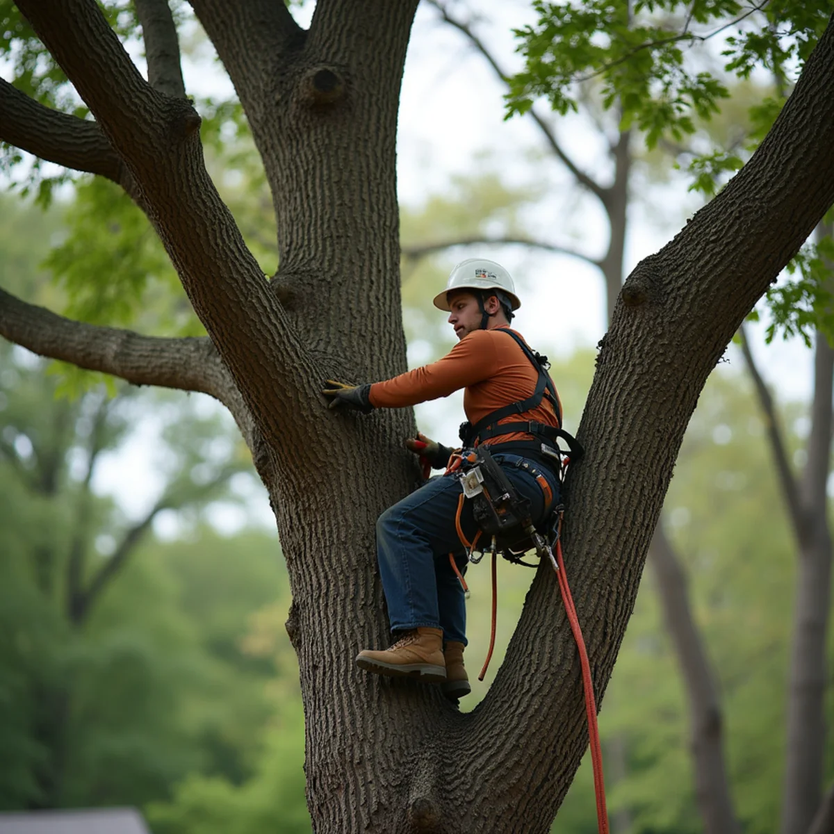 Tight-access tree rigging between historic Cannon Mills houses in Kannapolis NC