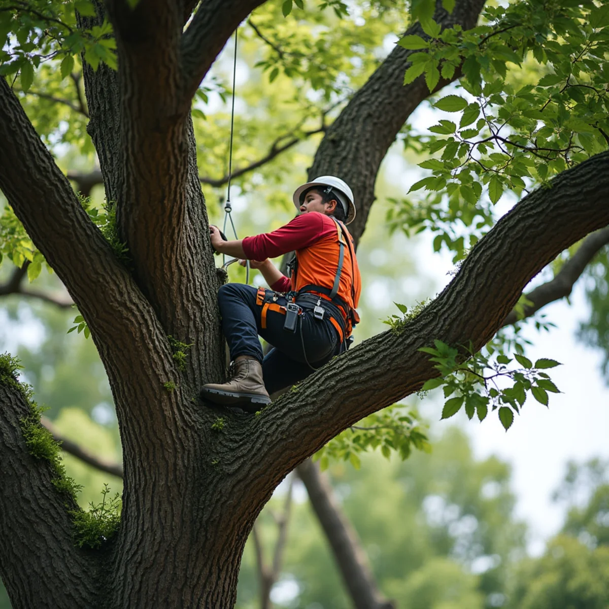 Crown pruning on sprawling mature oak in Mint Hill residential yard