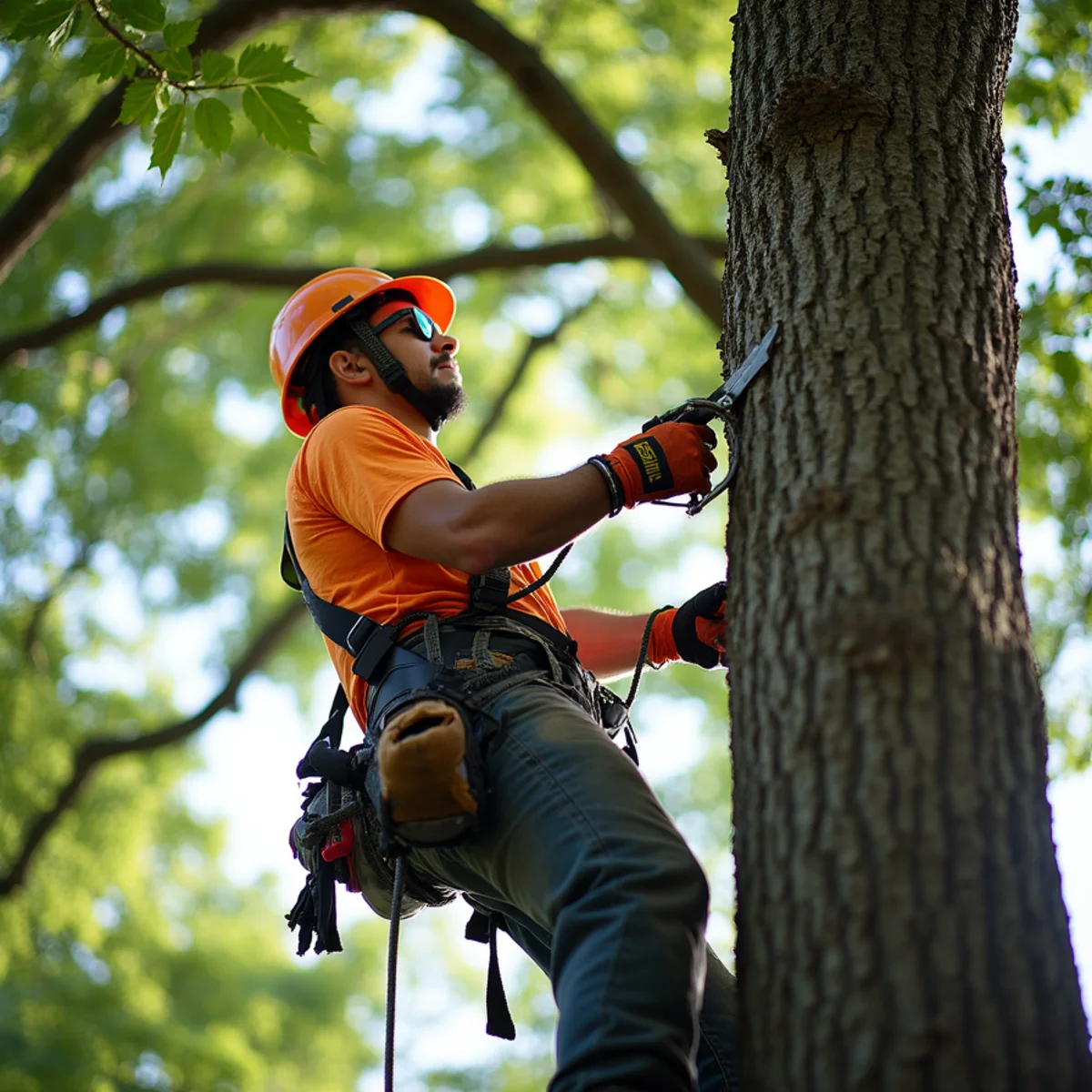 Arborist performing crown thinning and deadwood removal on mature oak in Concord NC